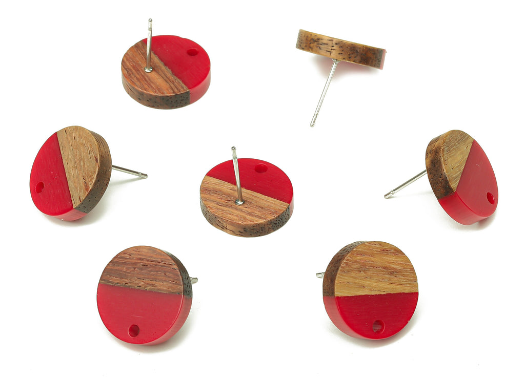 Natural Wooden Round Earring Stud - Walnut Wood Red Resin Circle Earring Post - 316 Stainless Steel Stud - 15.05x15.05x3.11mm - BB1250F - DOMEDBAZAAR