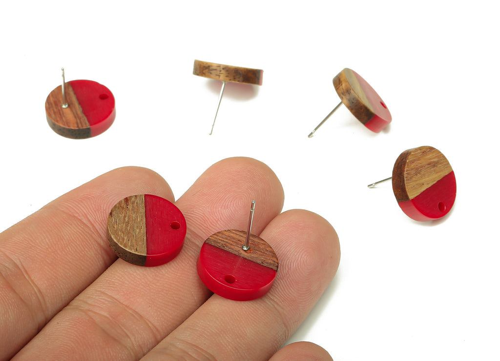 Natural Wooden Round Earring Stud - Walnut Wood Red Resin Circle Earring Post - 316 Stainless Steel Stud - 15.05x15.05x3.11mm - BB1250F - DOMEDBAZAAR