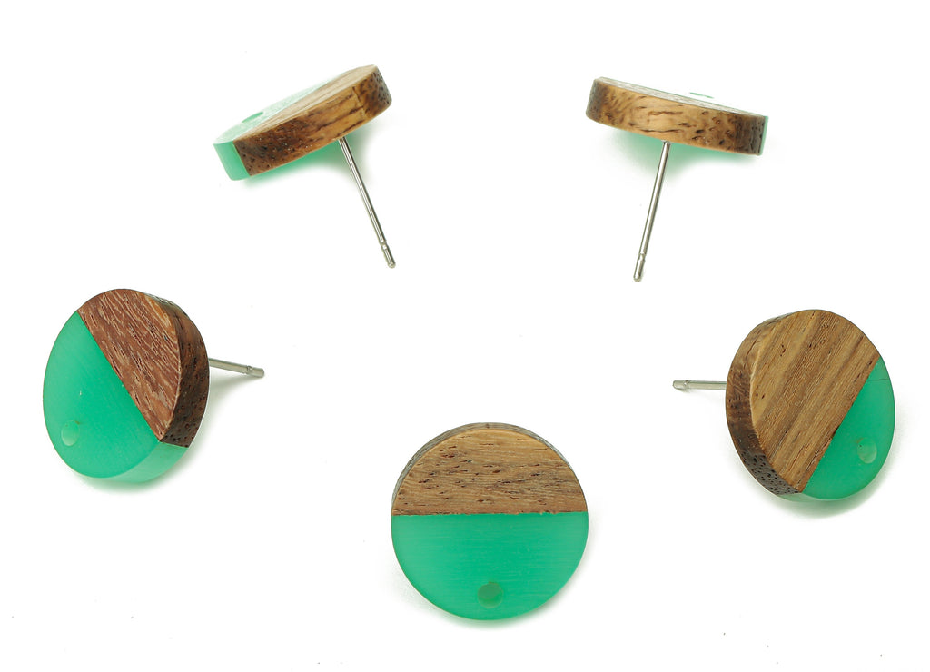 Natural Wooden Round Earring Stud - Walnut Wood Green Resin Circle Earring Post - 316 Stainless Steel Stud - 15.05x15.05x3.11mm - BB1250G - DOMEDBAZAAR