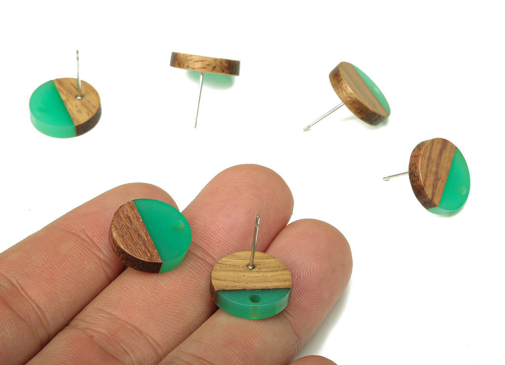 Natural Wooden Round Earring Stud - Walnut Wood Green Resin Circle Earring Post - 316 Stainless Steel Stud - 15.05x15.05x3.11mm - BB1250G - DOMEDBAZAAR