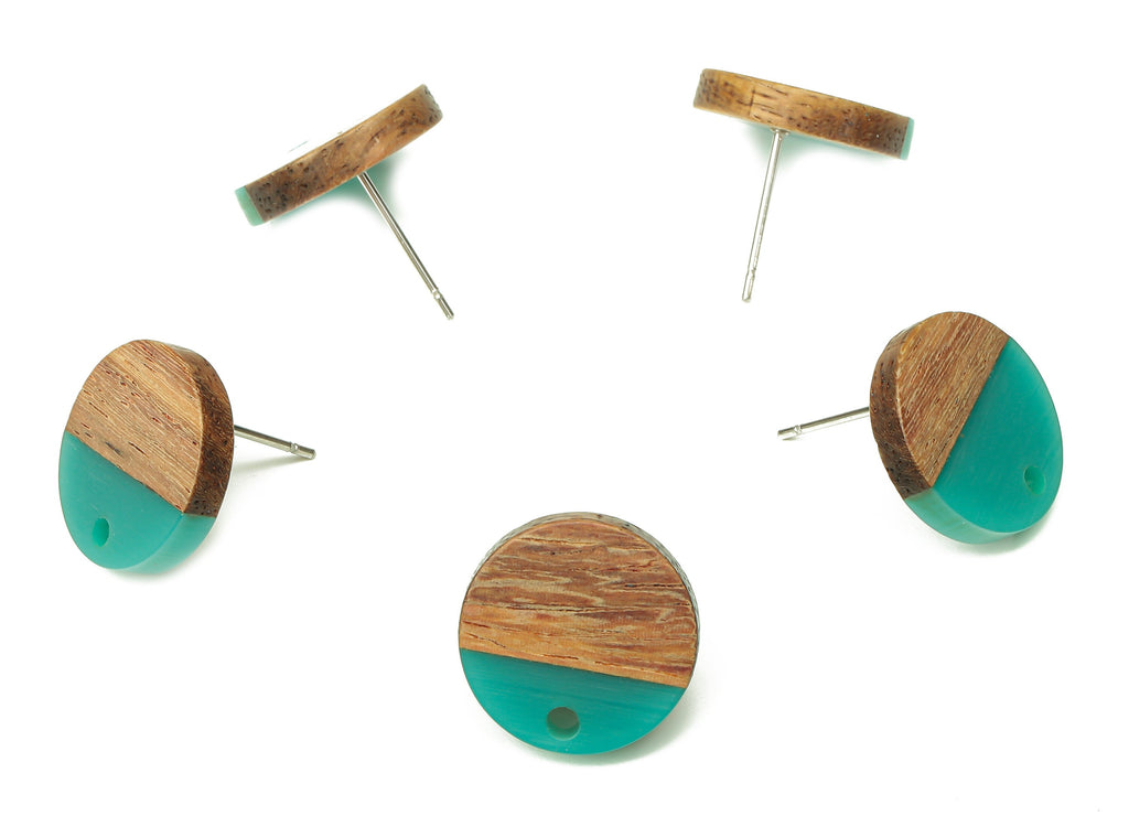 Natural Wooden Round Earring Stud - Walnut Wood Green Resin Circle Earring Post - 316 Stainless Steel Stud - 15.05x15.05x3.11mm - BB1250H - DOMEDBAZAAR