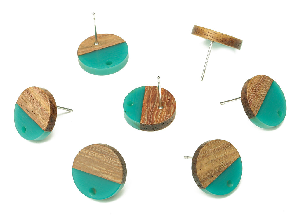 Natural Wooden Round Earring Stud - Walnut Wood Green Resin Circle Earring Post - 316 Stainless Steel Stud - 15.05x15.05x3.11mm - BB1250H - DOMEDBAZAAR