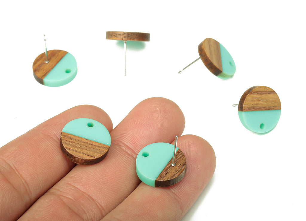 Natural Wooden Round Earring Stud - Walnut Wood Aqua  Resin Circle Earring Post - 316 Stainless Steel Stud - 15.05x15.05x3.11mm - BB1250J - DOMEDBAZAAR