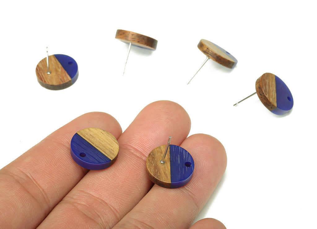 Natural Wooden Round Earring Stud - Walnut Wood Navy Resin Circle Earring Post - 316 Stainless Steel Stud - 15.05x15.05x3.11mm - BB1250K - DOMEDBAZAAR