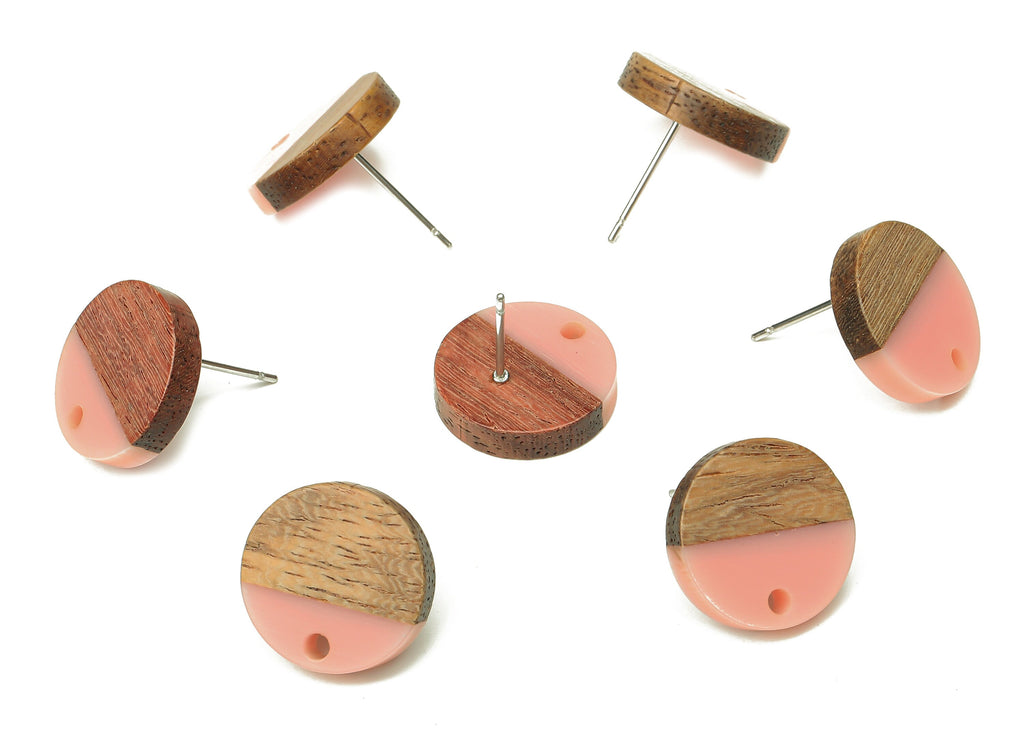 Natural Wooden Round Earring Stud - Walnut Wood Pink Resin Circle Earring Post - 316 Stainless Steel Stud - 15.05x15.05x3.11mm - BB1250L - DOMEDBAZAAR