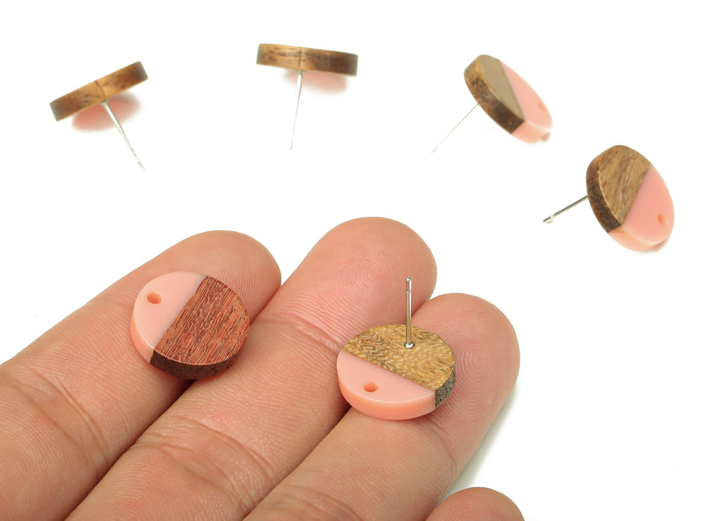 Natural Wooden Round Earring Stud - Walnut Wood Pink Resin Circle Earring Post - 316 Stainless Steel Stud - 15.05x15.05x3.11mm - BB1250L - DOMEDBAZAAR