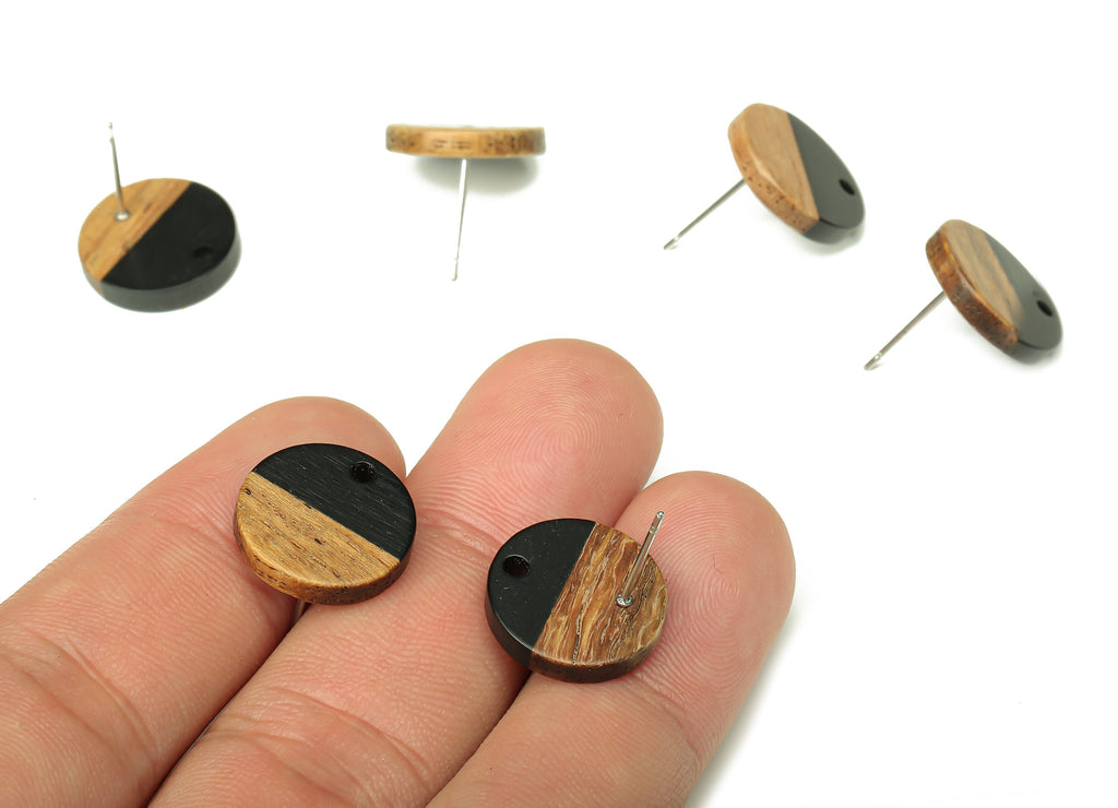 Natural Wooden Round Earring Stud - Walnut Wood Black Resin Circle Earring Post - 316 Stainless Steel Stud - 15.05x15.05x3.11mm - BB1250M - DOMEDBAZAAR