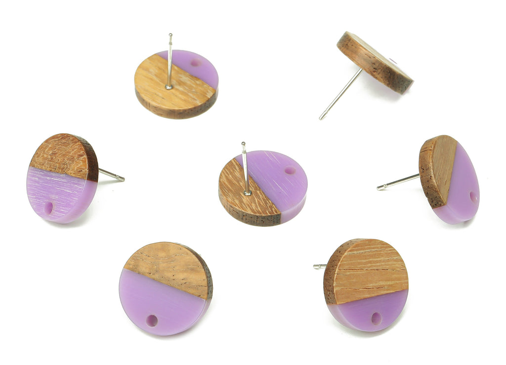 Natural Wooden Round Earring Stud - Walnut Wood Purple Resin Circle Earring Post - 316 Stainless Steel Stud - 15.05x15.05x3.11mm - BB1250N - DOMEDBAZAAR