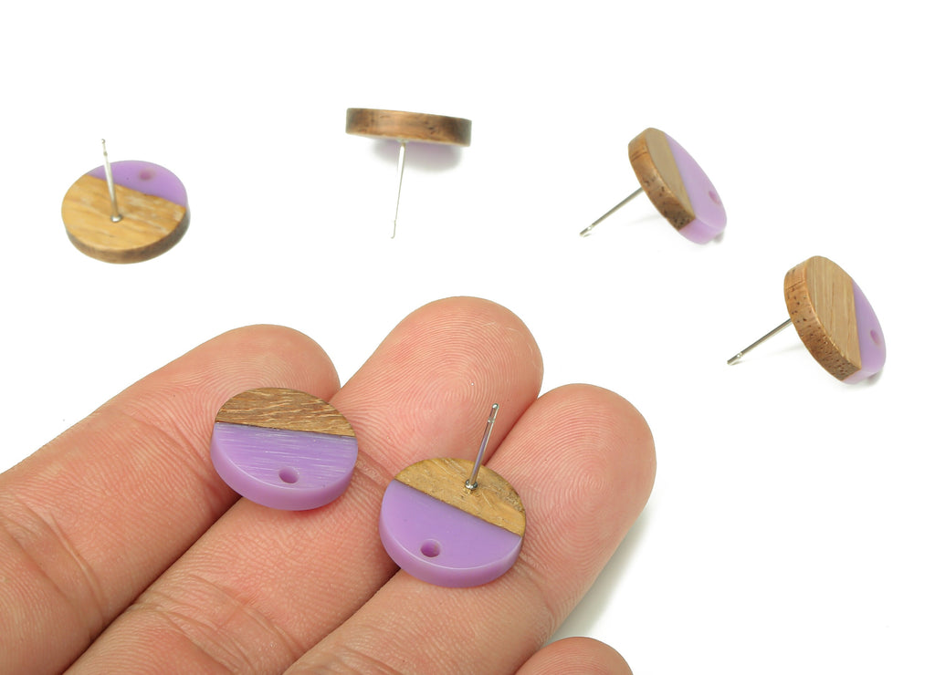 Natural Wooden Round Earring Stud - Walnut Wood Purple Resin Circle Earring Post - 316 Stainless Steel Stud - 15.05x15.05x3.11mm - BB1250N - DOMEDBAZAAR
