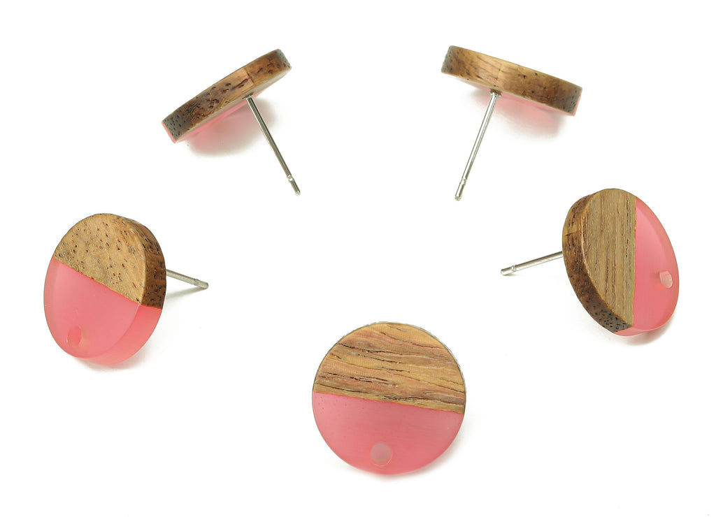 Natural Wooden Round Earring Stud - Walnut Wood Red Resin Circle Earring Post - 316 Stainless Steel Stud - 15.05x15.05x3.11mm - BB1250P - DOMEDBAZAAR