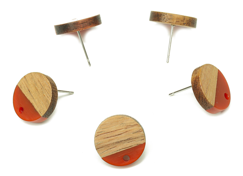 Natural Wooden Round Earring Stud - Walnut Wood Red Resin Circle Earring Post - 316 Stainless Steel Stud - 15.05x15.05x3.11mm - BB1250R - DOMEDBAZAAR