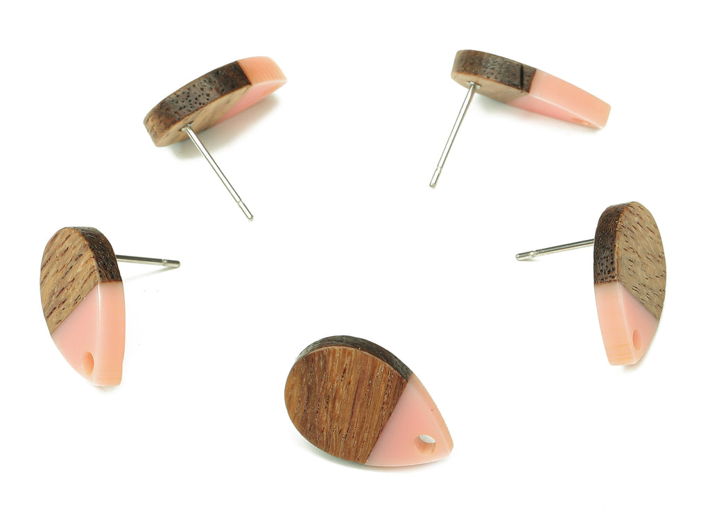 Natural Wooden Drop Earring Stud - Walnut Wood Pink Resin Teardrop Earring Post - 316 Stainless Steel Stud - 16.7x11.06x3.21mm - BB1251G - DOMEDBAZAAR
