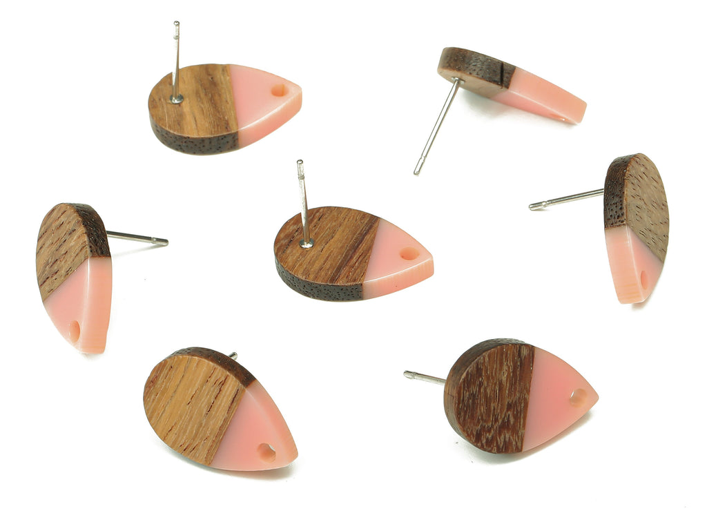 Natural Wooden Drop Earring Stud - Walnut Wood Pink Resin Teardrop Earring Post - 316 Stainless Steel Stud - 16.7x11.06x3.21mm - BB1251G - DOMEDBAZAAR