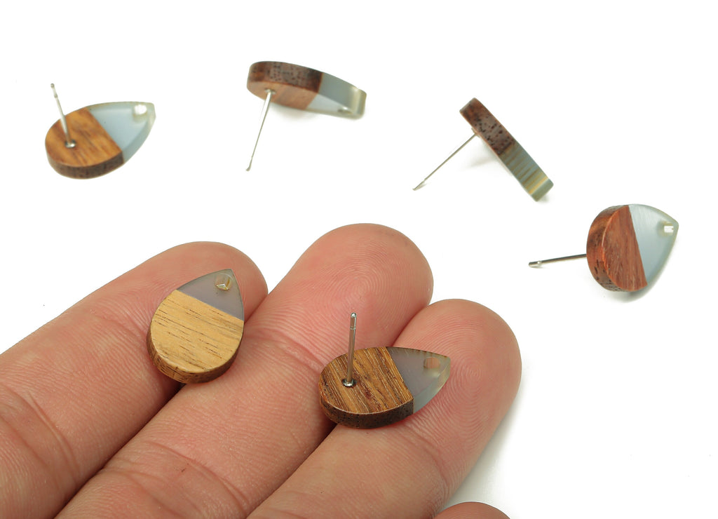 Natural Wooden Drop Earring Stud - Walnut Wood Clear Blue Resin Teardrop Post - 316 Stainless Steel Stud - 16.7x11.06x3.21mm - BB1251J - DOMEDBAZAAR