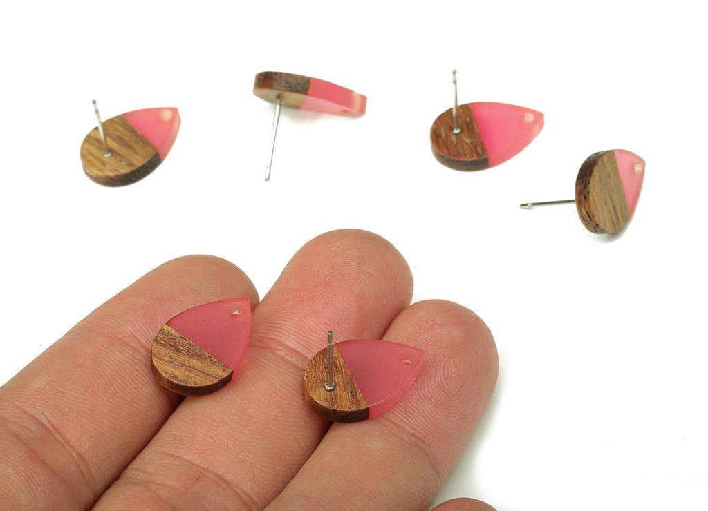 Natural Wooden Drop Earring Stud - Walnut Wood Red Resin Teardrop Earring Post - 316 Stainless Steel Stud - 16.7x11.06x3.21mm - BB1251L - DOMEDBAZAAR