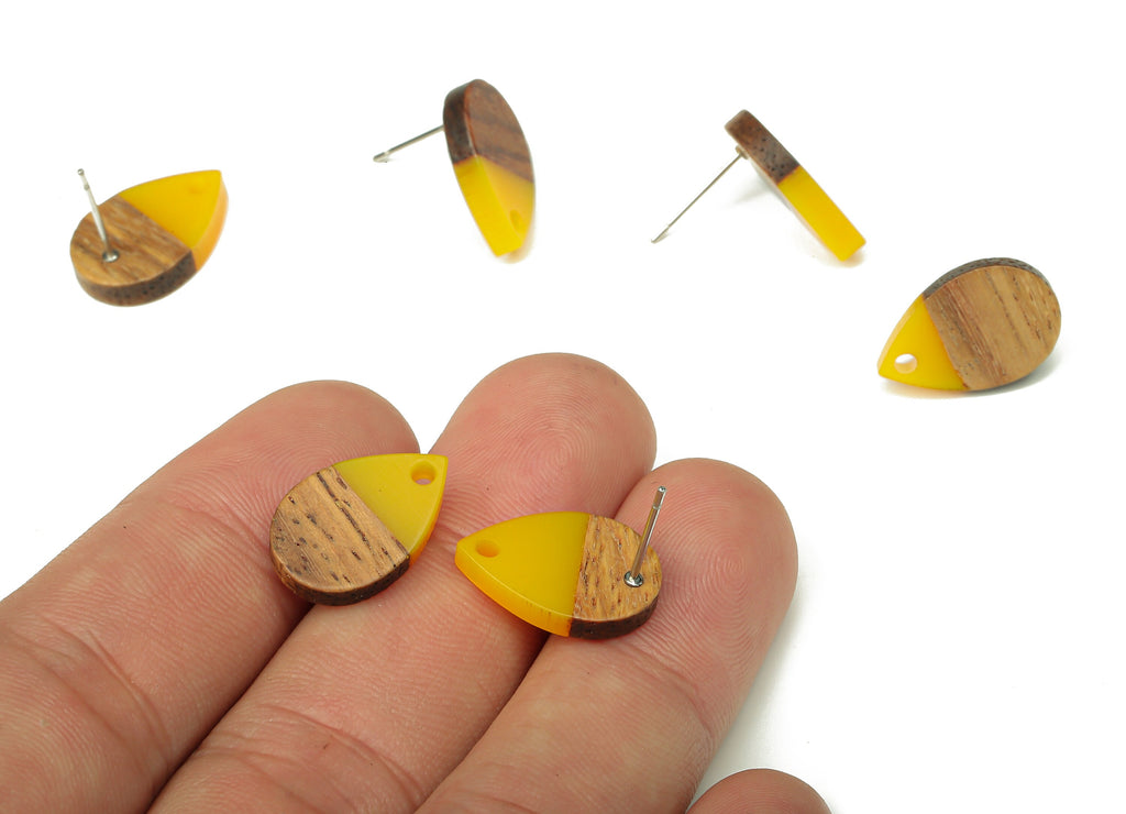 Natural Wooden Drop Earring Stud - Walnut Wood Yellow Resin Teardrop Earring Post - 316 Stainless Steel Stud - 16.7x11.06x3.21mm - BB1251N - DOMEDBAZAAR