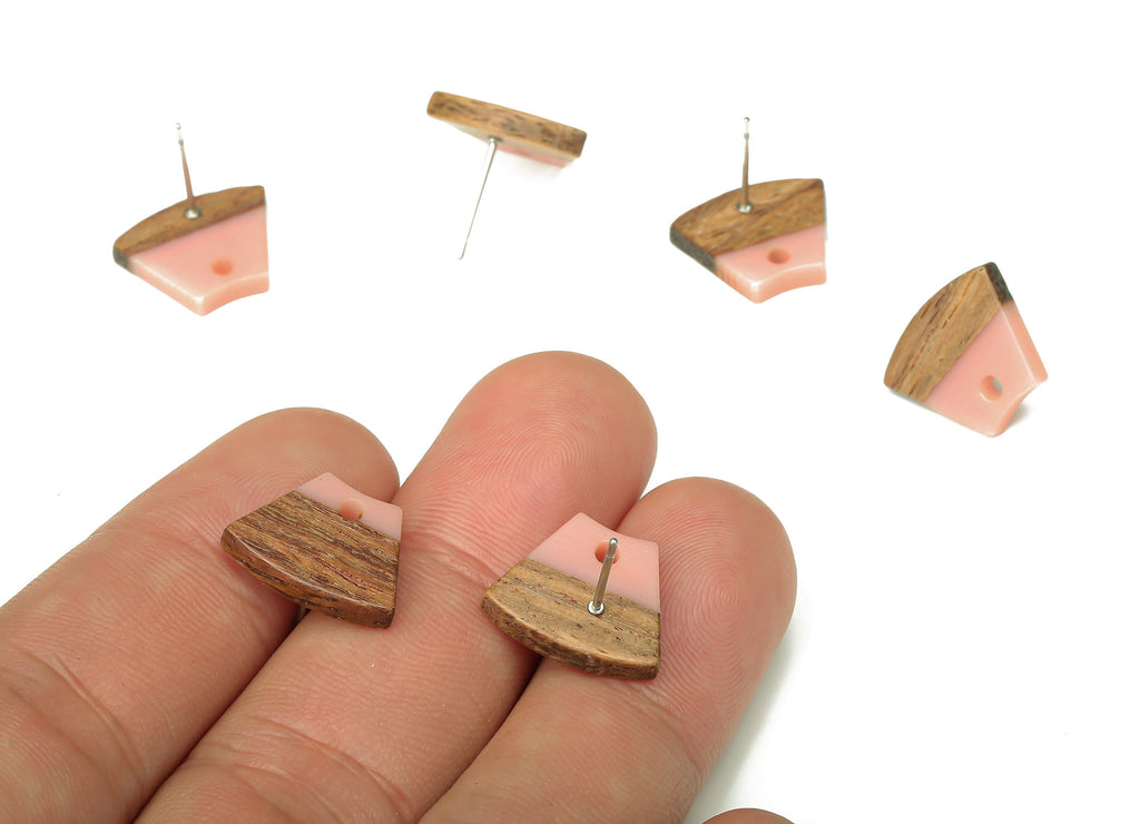 Natural Wooden Trapezoid Earring Stud - Walnut Wood Pink Resin Fan Earring Post - 316 Stainless Steel Stud - 15.32x12.32x3.26mm - BB1252B - DOMEDBAZAAR