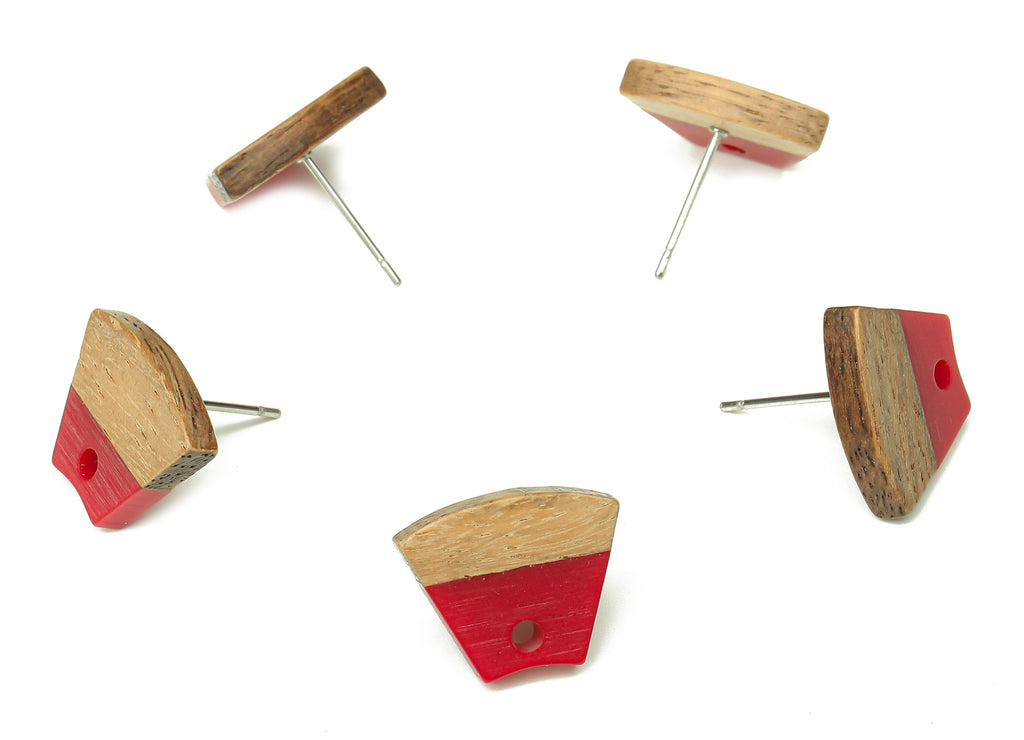 Natural Wooden Trapezoid Earring Stud - Walnut Wood Red Resin Fan Earring Post - 316 Stainless Steel Stud - 15.32x12.32x3.26mm - BB1252C - DOMEDBAZAAR