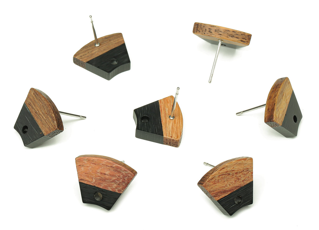 Natural Wooden Trapezoid Earring Stud - Walnut Wood Black Resin Fan Earring Post - 316 Stainless Steel Stud - 15.32x12.32x3.26mm - BB1252D - DOMEDBAZAAR