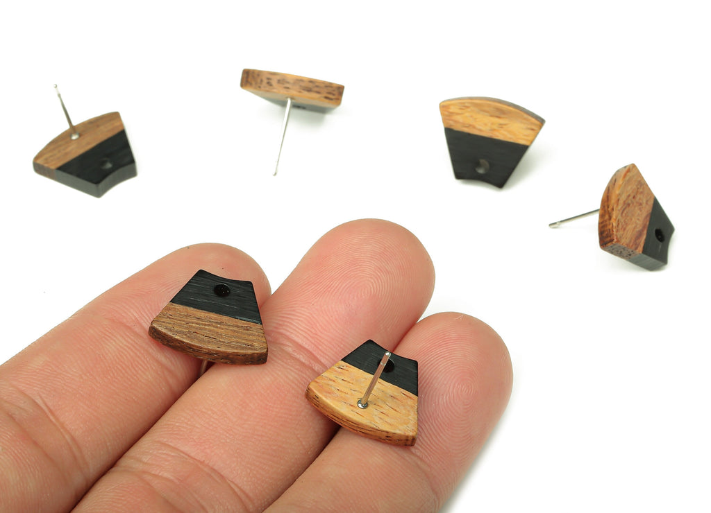 Natural Wooden Trapezoid Earring Stud - Walnut Wood Black Resin Fan Earring Post - 316 Stainless Steel Stud - 15.32x12.32x3.26mm - BB1252D - DOMEDBAZAAR