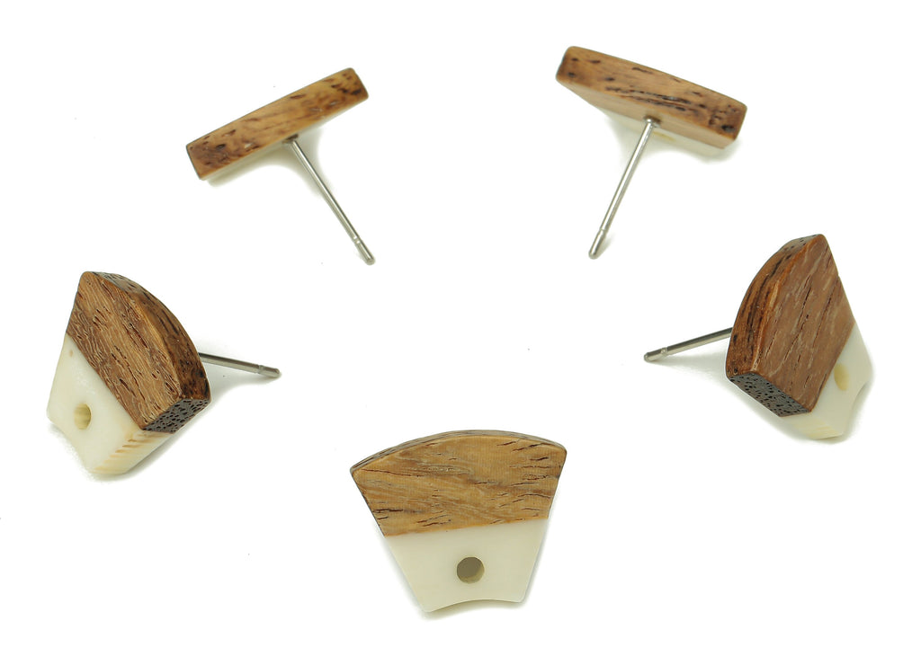 Natural Wooden Trapezoid Earring Stud - Walnut Wood White Resin Fan Earring Post - 316 Stainless Steel Stud - 15.32x12.32x3.26mm - BB1252E - DOMEDBAZAAR