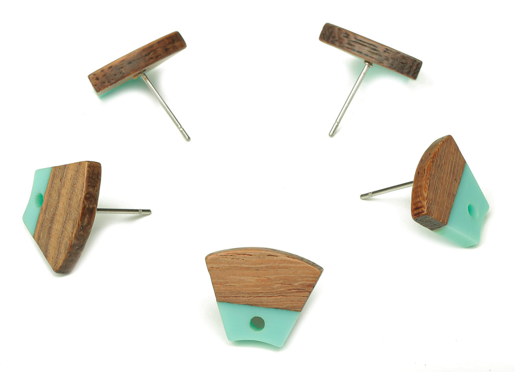 Natural Wooden Trapezoid Earring Stud - Walnut Wood Aqua Resin Fan Earring Post - 316 Stainless Steel Stud - 15.32x12.32x3.26mm - BB1252F - DOMEDBAZAAR