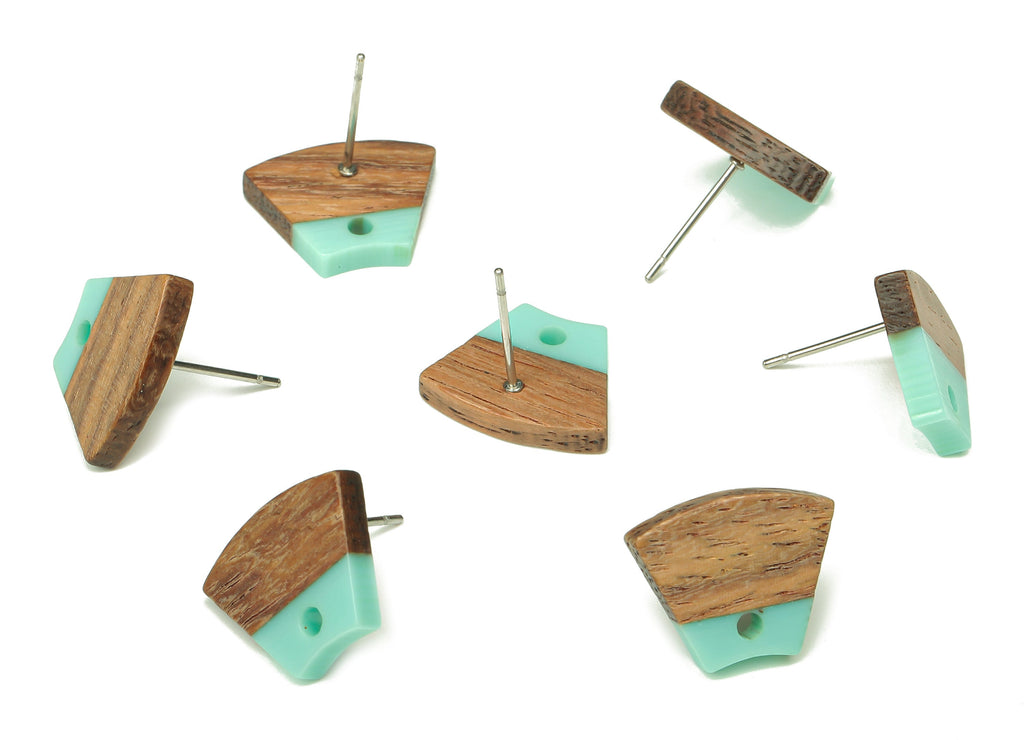 Natural Wooden Trapezoid Earring Stud - Walnut Wood Aqua Resin Fan Earring Post - 316 Stainless Steel Stud - 15.32x12.32x3.26mm - BB1252F - DOMEDBAZAAR