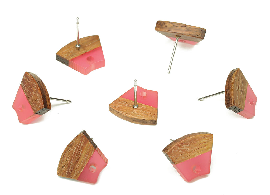 Natural Wooden Trapezoid Earring Stud - Walnut Wood Pink Resin Fan Earring Post - 316 Stainless Steel Stud - 15.32x12.32x3.26mm - BB1252K - DOMEDBAZAAR