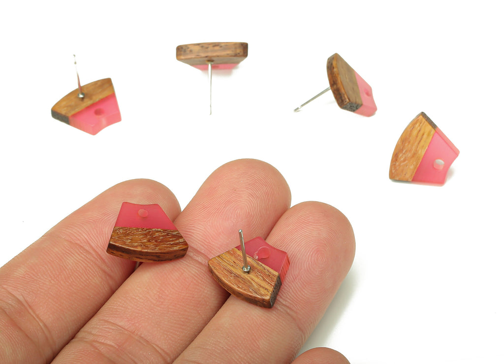Natural Wooden Trapezoid Earring Stud - Walnut Wood Pink Resin Fan Earring Post - 316 Stainless Steel Stud - 15.32x12.32x3.26mm - BB1252K - DOMEDBAZAAR