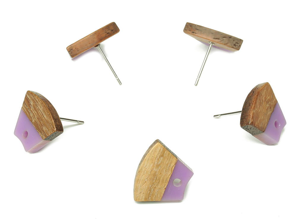 Natural Wooden Trapezoid Earring Stud - Walnut Wood Purple Resin Fan Earring Post - 316 Stainless Steel Stud - 15.32x12.32x3.26mm - BB1252L - DOMEDBAZAAR