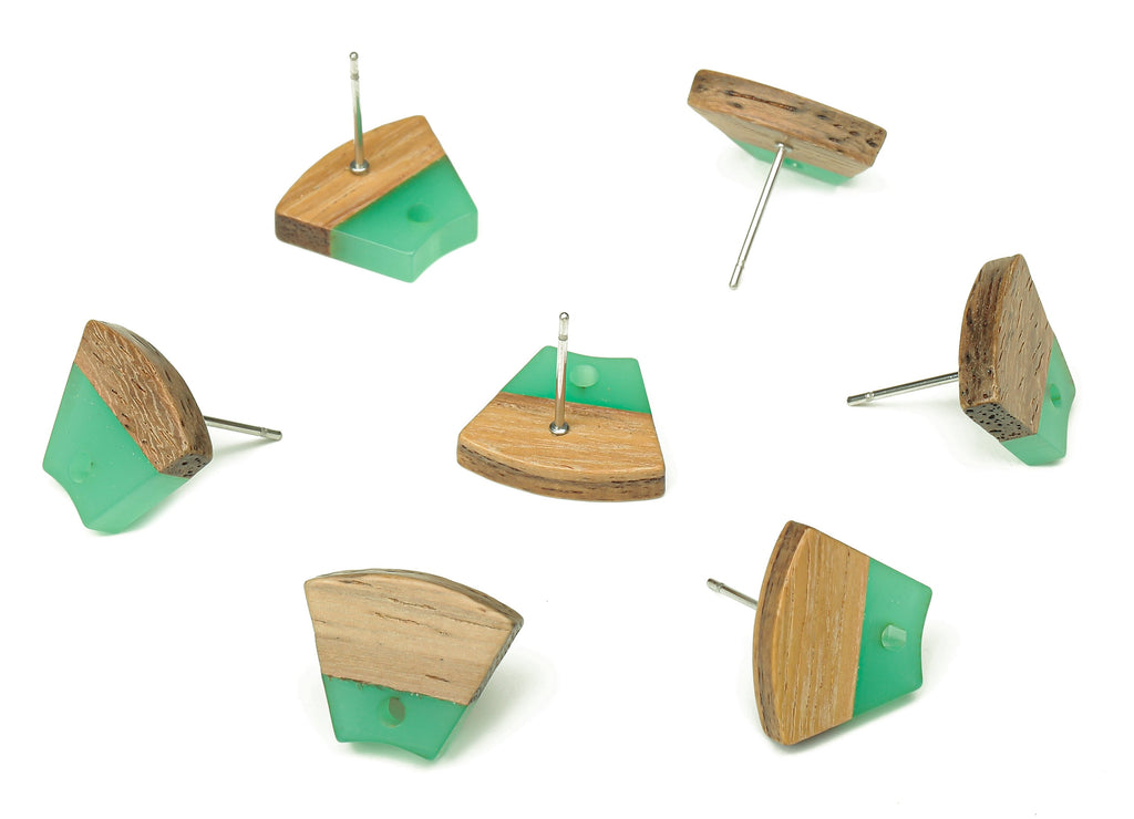 Natural Wooden Trapezoid Earring Stud - Walnut Wood Green Resin Fan Earring Post - 316 Stainless Steel Stud - 15.32x12.32x3.26mm - BB1252M - DOMEDBAZAAR