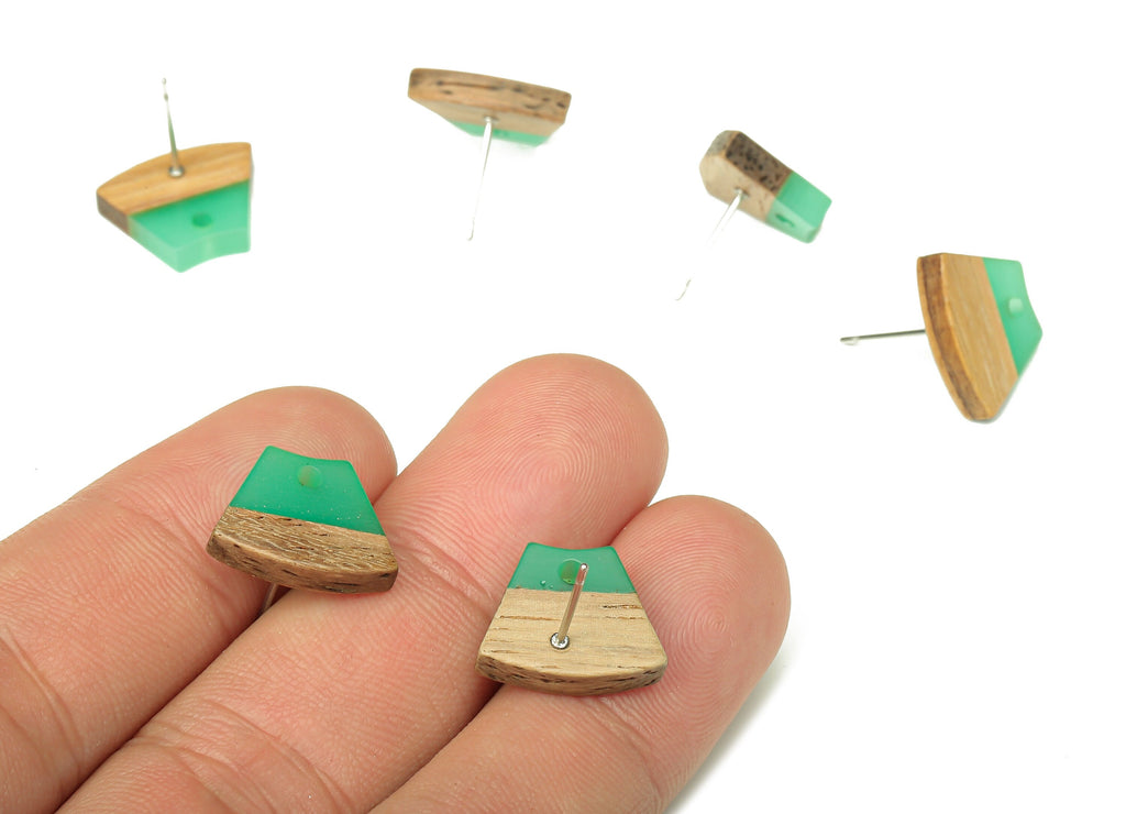 Natural Wooden Trapezoid Earring Stud - Walnut Wood Green Resin Fan Earring Post - 316 Stainless Steel Stud - 15.32x12.32x3.26mm - BB1252M - DOMEDBAZAAR