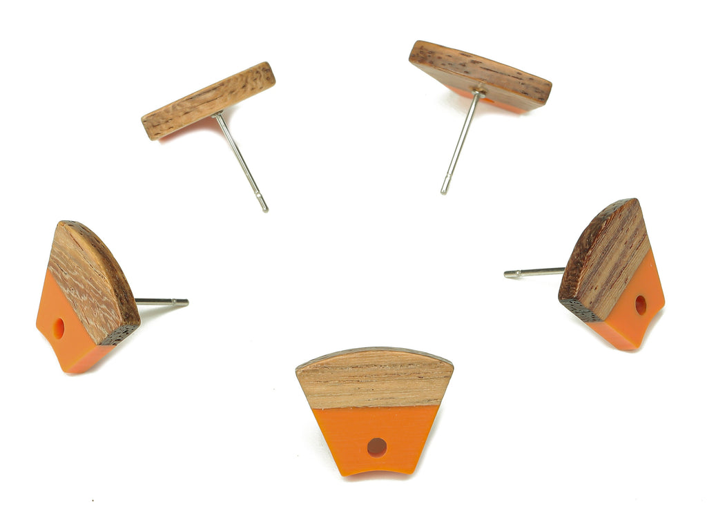 Natural Wooden Trapezoid Earring Stud - Walnut Wood Orange Resin Fan Earring Post - 316 Stainless Steel Stud - 15.32x12.32x3.26mm - BB1252N - DOMEDBAZAAR