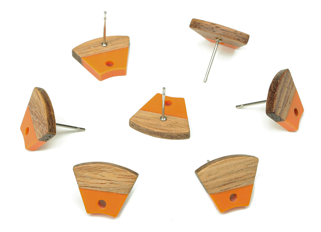 Natural Wooden Trapezoid Earring Stud - Walnut Wood Orange Resin Fan Earring Post - 316 Stainless Steel Stud - 15.32x12.32x3.26mm - BB1252N - DOMEDBAZAAR