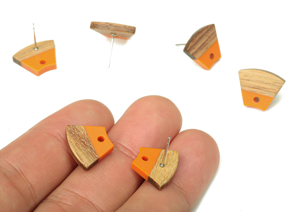 Natural Wooden Trapezoid Earring Stud - Walnut Wood Orange Resin Fan Earring Post - 316 Stainless Steel Stud - 15.32x12.32x3.26mm - BB1252N - DOMEDBAZAAR