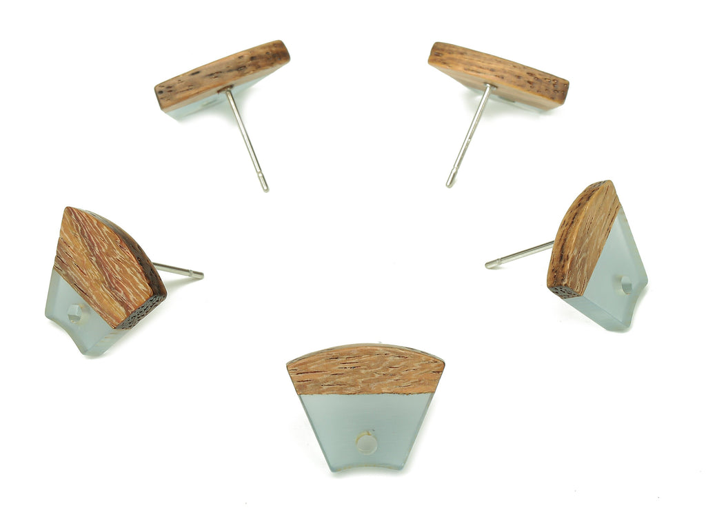 Natural Wooden Trapezoid Earring Stud - Walnut Wood Clear Blue Resin Fan Post - 316 Stainless Steel Stud - 15.32x12.32x3.26mm - BB1252P - DOMEDBAZAAR