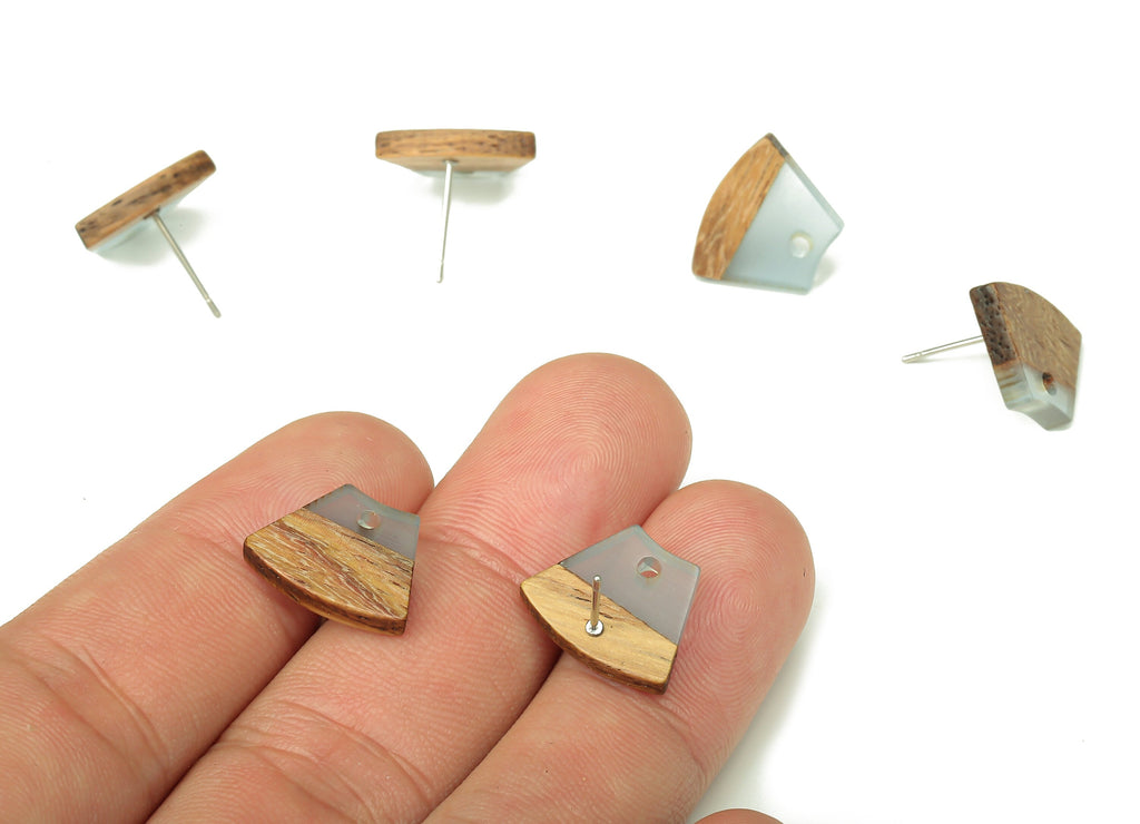Natural Wooden Trapezoid Earring Stud - Walnut Wood Clear Blue Resin Fan Post - 316 Stainless Steel Stud - 15.32x12.32x3.26mm - BB1252P - DOMEDBAZAAR