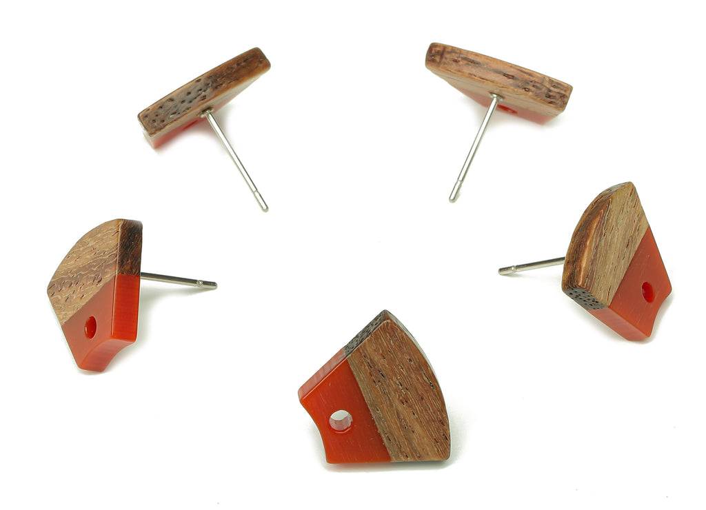 Natural Wooden Trapezoid Earring Stud - Walnut Wood Red Resin Fan Earring Post - 316 Stainless Steel Stud - 15.32x12.32x3.26mm - BB1252R - DOMEDBAZAAR