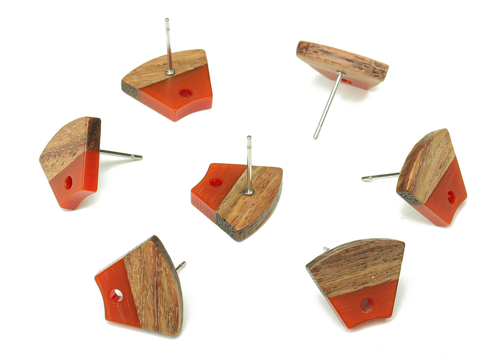 Natural Wooden Trapezoid Earring Stud - Walnut Wood Red Resin Fan Earring Post - 316 Stainless Steel Stud - 15.32x12.32x3.26mm - BB1252R - DOMEDBAZAAR