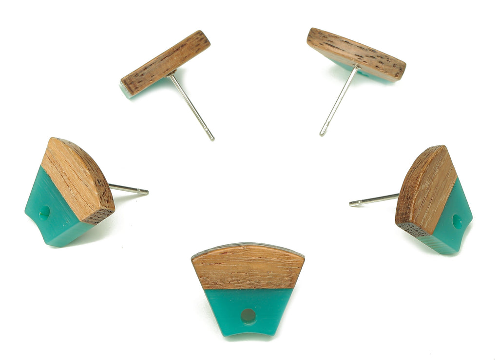 Natural Wooden Trapezoid Earring Stud - Walnut Wood Petrol Resin Fan Earring Post - 316 Stainless Steel Stud - 15.32x12.32x3.26mm - BB1252S - DOMEDBAZAAR