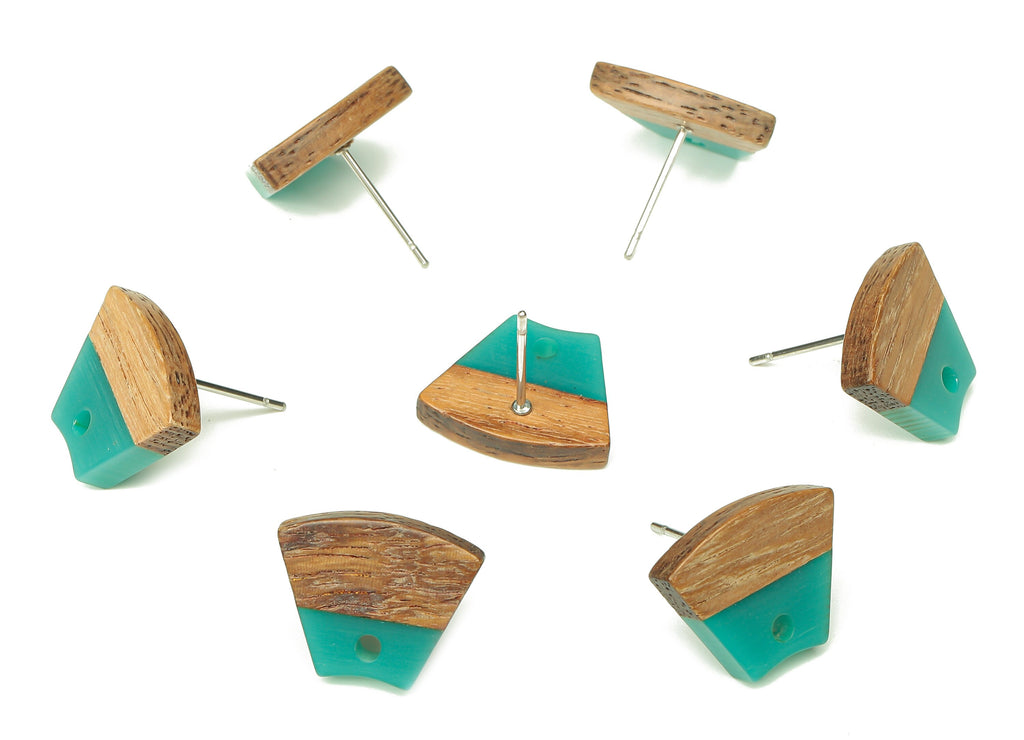 Natural Wooden Trapezoid Earring Stud - Walnut Wood Petrol Resin Fan Earring Post - 316 Stainless Steel Stud - 15.32x12.32x3.26mm - BB1252S - DOMEDBAZAAR