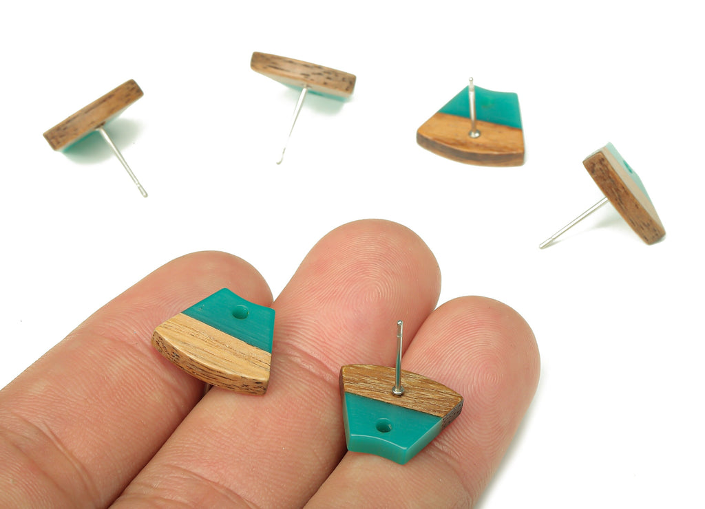 Natural Wooden Trapezoid Earring Stud - Walnut Wood Petrol Resin Fan Earring Post - 316 Stainless Steel Stud - 15.32x12.32x3.26mm - BB1252S - DOMEDBAZAAR