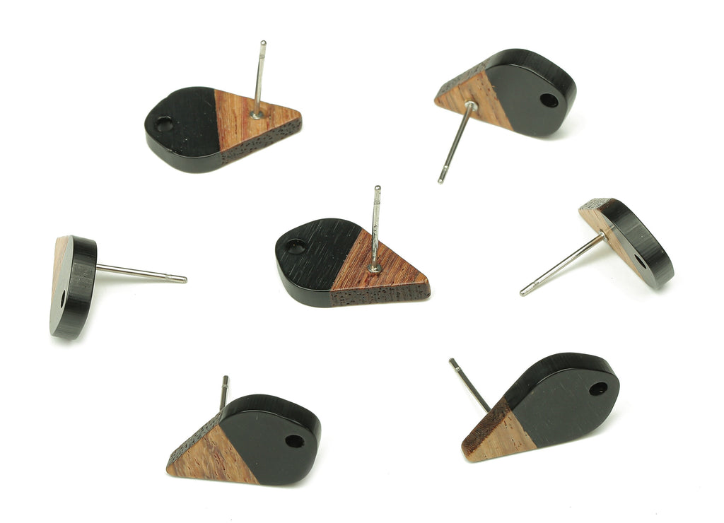 Natural Wooden Drop Earring Stud - Walnut Wood Black Resin Teardrop Earring Post - 316 Stainless Steel Stud - 17.76x10.96x2.73mm - BB1253A - DOMEDBAZAAR