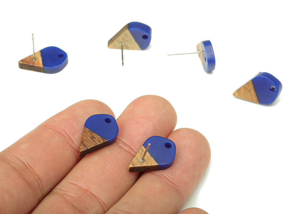 Natural Wooden Drop Earring Stud - Walnut Wood Blue Resin Teardrop Earring Post - 316 Stainless Steel Stud - 17.76x10.96x2.73mm - BB1253C - DOMEDBAZAAR