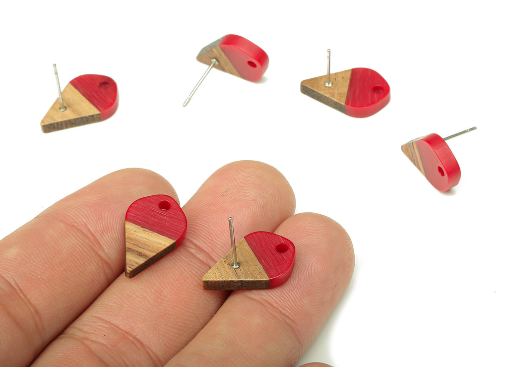 Natural Wooden Drop Earring Stud - Walnut Wood Red Resin Teardrop Earring Post - 316 Stainless Steel Stud - 17.76x10.96x2.73mm - BB1253D - DOMEDBAZAAR