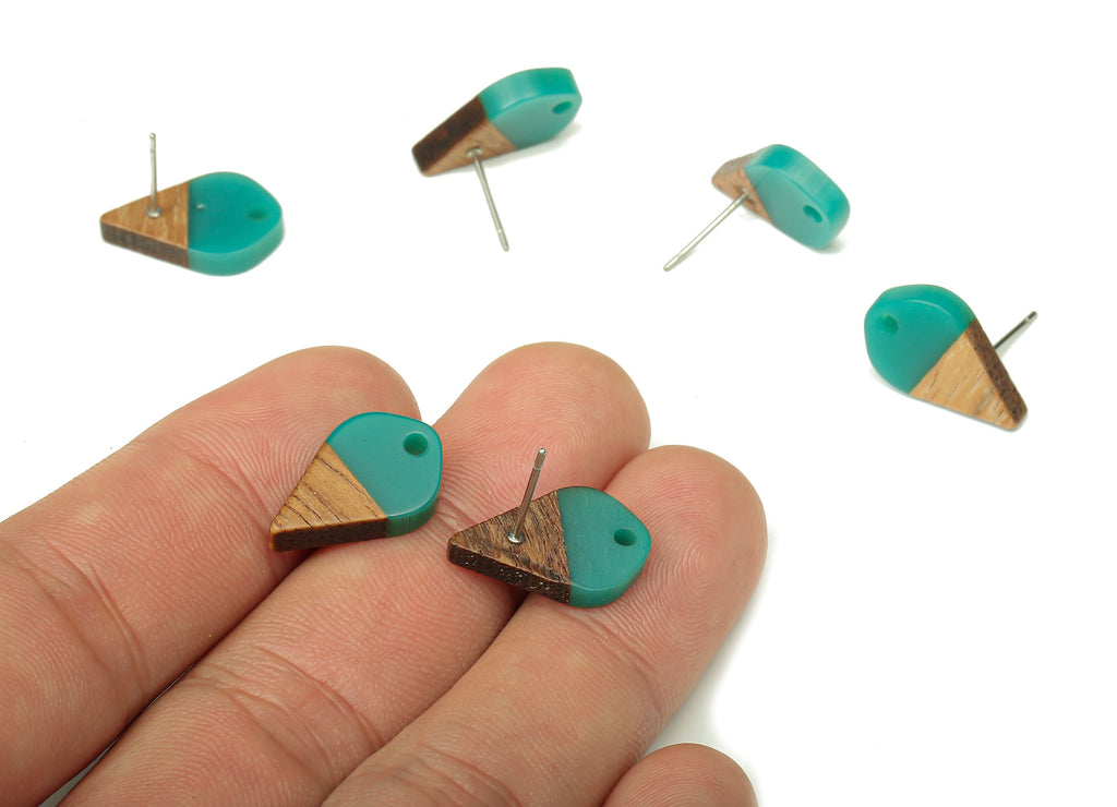 Natural Wooden Drop Earring Stud - Walnut Wood Blue Resin Teardrop Earring Post - 316 Stainless Steel Stud - 17.76x10.96x2.73mm - BB1253G - DOMEDBAZAAR