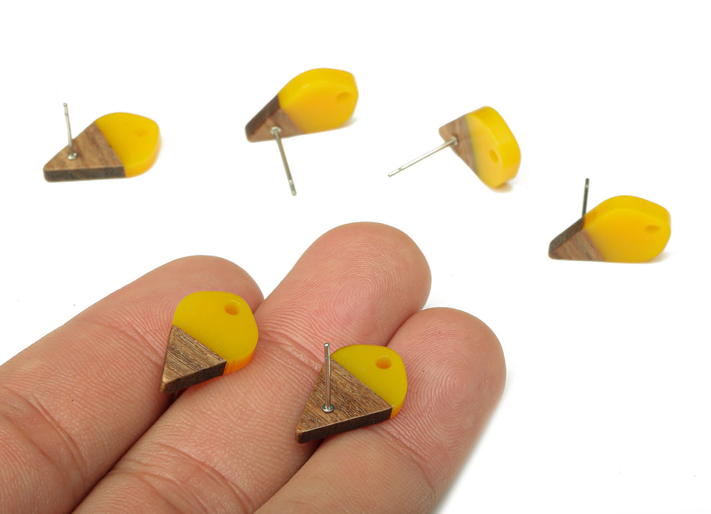 Natural Wooden Drop Earring Stud - Walnut Wood Yellow Resin Teardrop Earring Post - 316 Stainless Steel Stud - 17.76x10.96x2.73mm - BB1253L - DOMEDBAZAAR