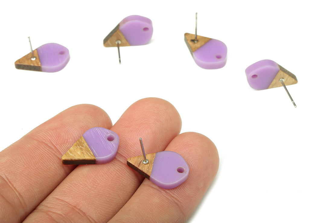 Natural Wooden Drop Earring Stud - Walnut Wood Purple Resin Teardrop Earring Post - 316 Stainless Steel Stud - 17.76x10.96x2.73mm - BB1253P - DOMEDBAZAAR