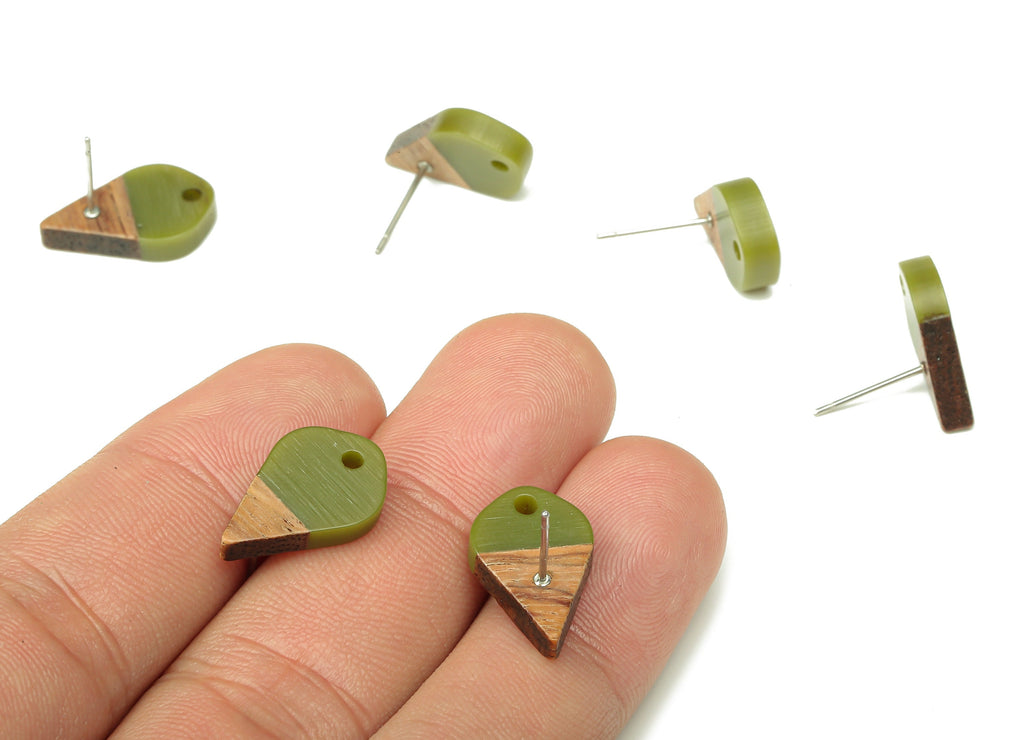 Natural Wooden Drop Earring Stud - Walnut Wood Green Resin Teardrop Earring Post - 316 Stainless Steel Stud - 17.76x10.96x2.73mm - BB1253S - DOMEDBAZAAR