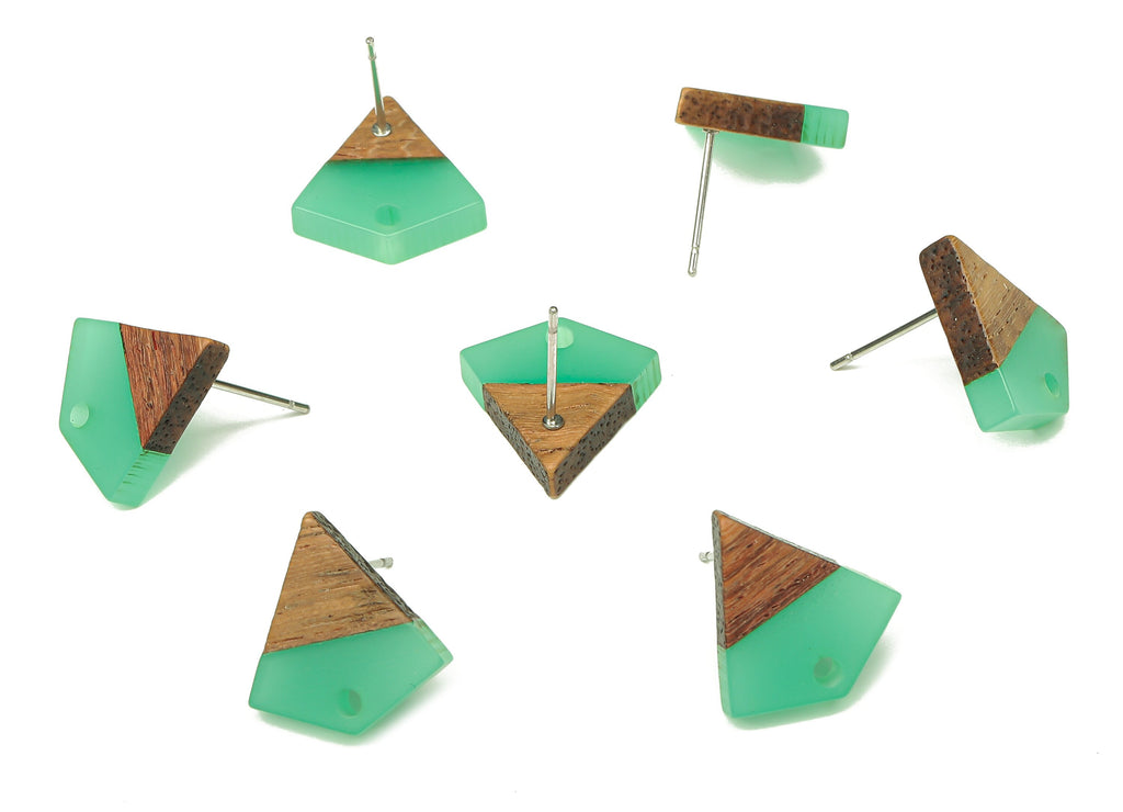 Natural Wooden Diamond Earring Stud - Walnut Wood Green Resin Rhombus Post - 316 Stainless Steel Stud - 16.35x15.23x3.28mm - BB1254A - DOMEDBAZAAR